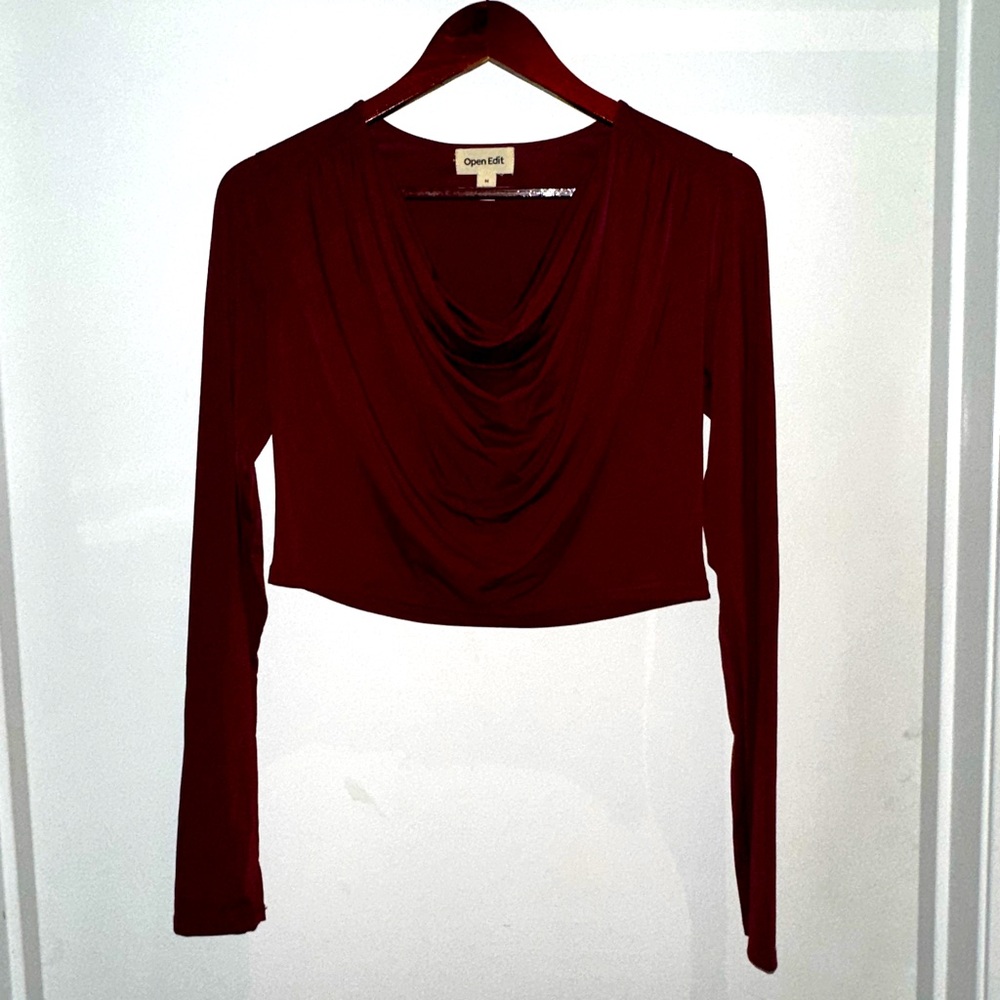 Open Edit Burgundy Long Sleeve Crop Top